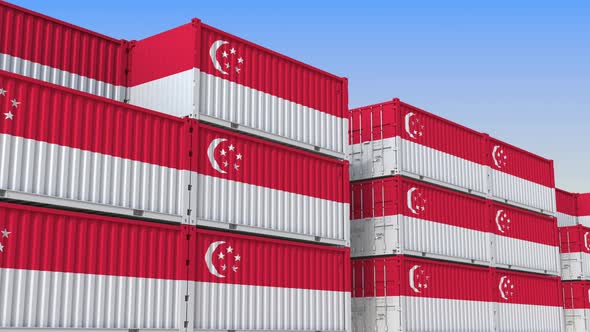 Container Yard Full of Containers with Flag of Singapore