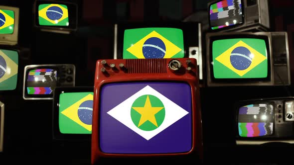 Flag of the State of Mato Grosso and Brazil Flags on Retro TVs.