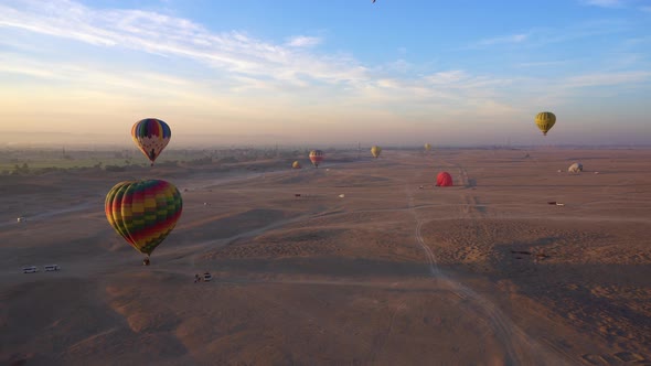 Aerial Video Motion Riding Hot Air Balloon Over Luxor Egypt Valley Of The King Unesco Sunrise