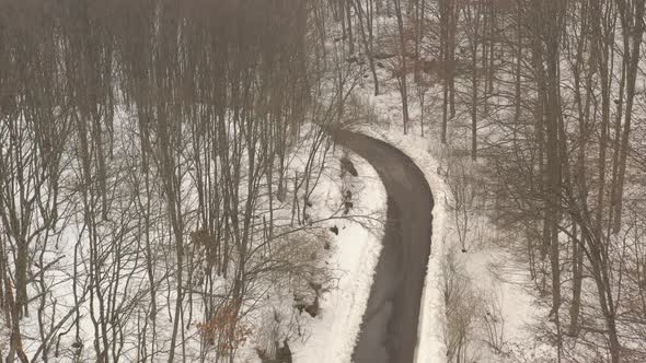 Snow and road in the woods 4K drone video