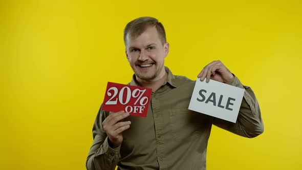 Attractive Man Showing Sale Word and Showing Up To 20 Percent Off Inscription, Rejoicing Discounts