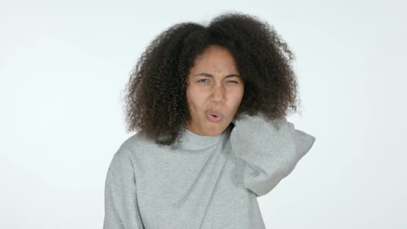 African Woman Having Neck Pain, White Background 