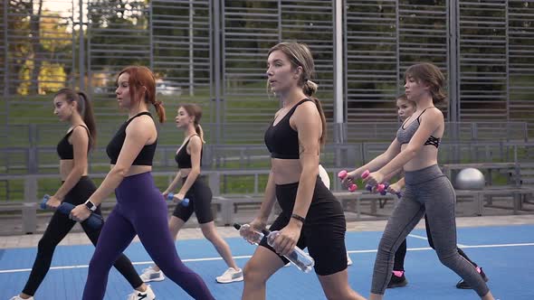 Fitness Women Doing Training Exercises with Dumbbells to Strengthen