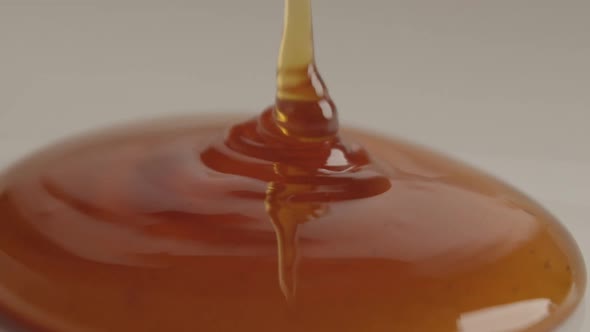 Macro studio product shot of natural orange honey pouring on white surface in slow motion.