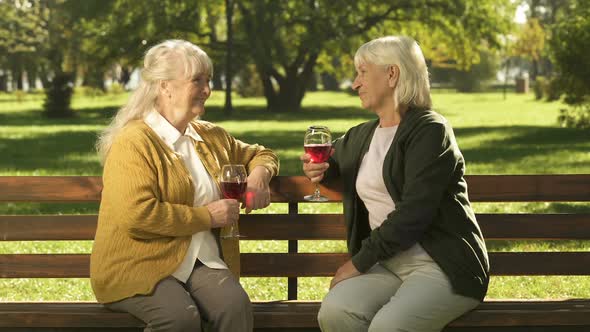 Two Grandmother Friends Drinking Wine and Cheering at Camera, Happy Golden Years