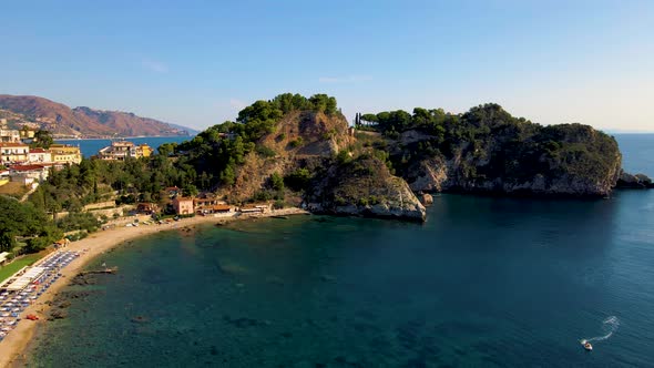 Taormina Sicily Isola Bella Beach From the Sky Aerial View Voer the Island and the Beach By Taormina