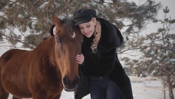 Young Blond Woman Petting Face of Beautiful Brown Horse at a Ranch. Lady Hugging and Kissing Animal