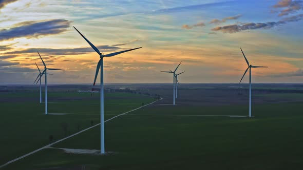 Wind turbines, aerial view at dusk, Poland