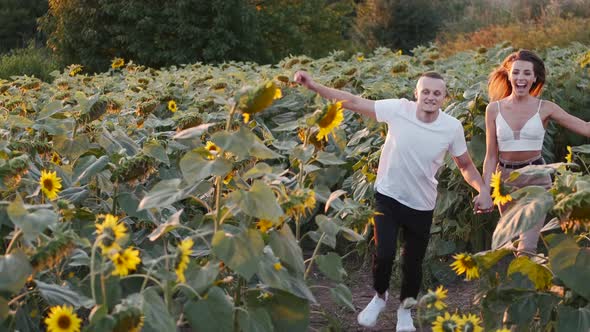 Young Man and Woman in the Sunflower Field