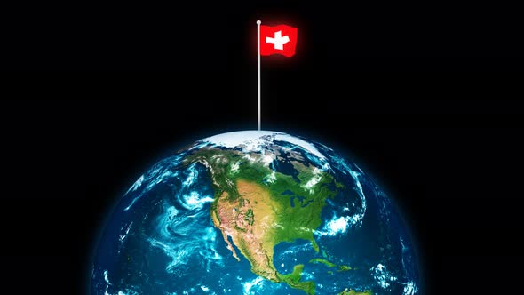 3d Rotated Planet Earth On Flying Switzerland Flag Animation