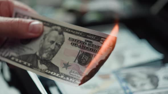 Burning American Dollar Banknotes Flame of Fire From Money