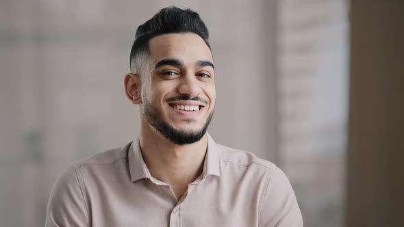 Portrait of Confident Calm Young Man Arabic Ethnic Male Handsome Brunet Guy Turn Head at Camera