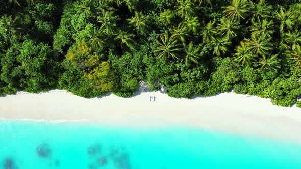 Natural birds eye clean view of a white paradise beach and blue water background in 4K