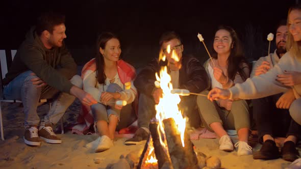 Friends Roasting Marshmallow on Camp Fire on Beach
