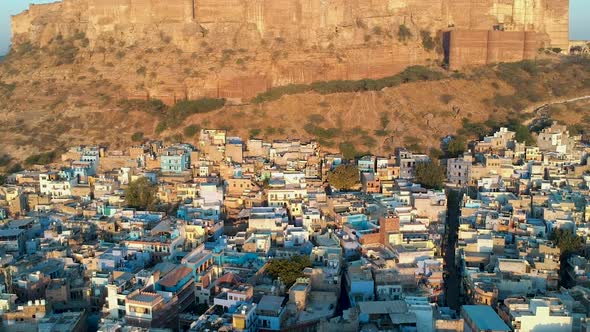 Sunrise fly over of densely populated, Blue city of Jodhpur, Rajasthan, India