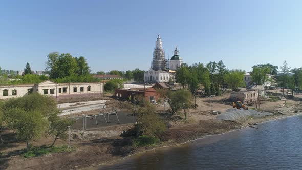 Aerial view of reconstruction of the area next to the church and pond 22