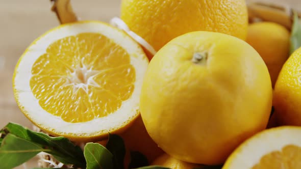 Close-up of sweet limes in wicker basket