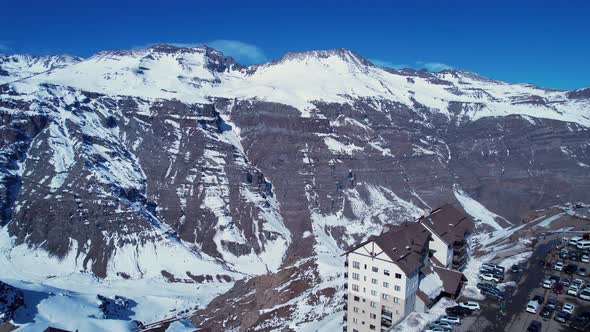 Ski station center at Andes Mountains. Snow winterness scenery.