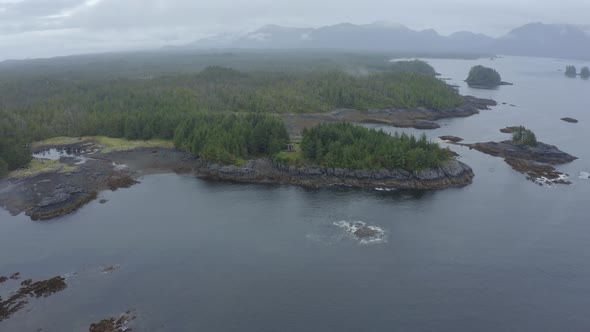 Aerial shot of the beautiful landscape of the native American island on an overcast day,  Annette Is
