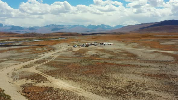 Aerial drone of the high-altitude alpine plain of Deosai National Park located between Skardu and As