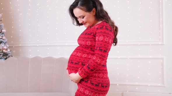 A Beautiful Pregnant Woman in a Red Winter Dress Strokes Her Belly