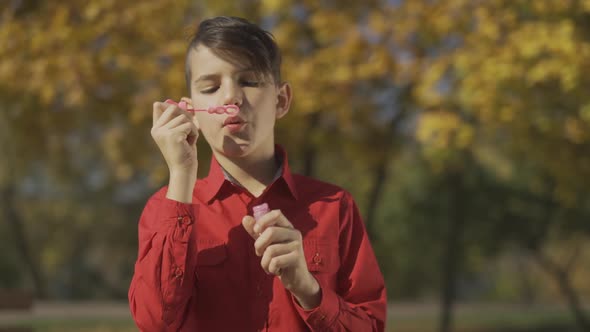 Portrait of the boy in red shirt blowing a soap bubble in the park. Child is playing outdoors.