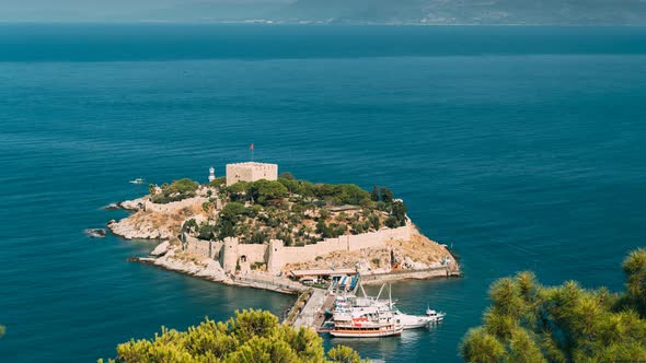 Kusadasi, Aydin Province, Turkey. Top View Of The Pigeon Island. Old 14Th-15th Century Fortress On