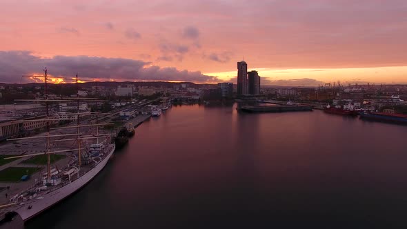 Aerial view of the port of Gdynia in sunset