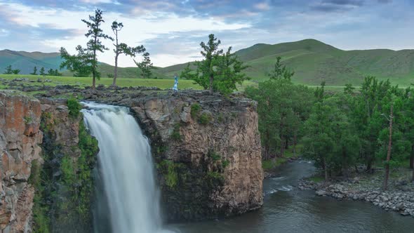 Orkhon Waterfall in Mongolia at Sunrise