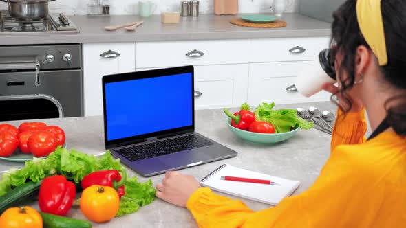 Blue Screen Laptop Woman Study Online Cooking Course Listen Chef Drink Coffee