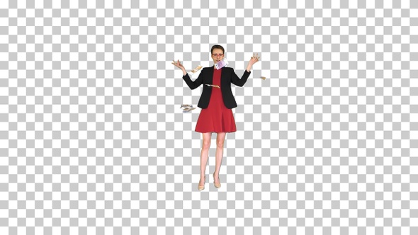 Business woman in red dress throwing money, Alpha Channel