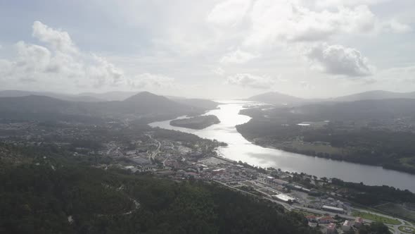 Cervo viewpoint drone aerial landscape view over minho river and Spain in Vila Nova de Cerveira