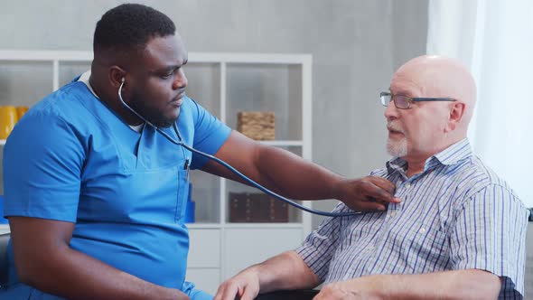 African-American caregiver and old disabled man in a wheelchair. Nurse and handicapped patient.