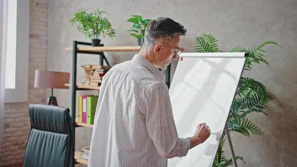 Middle Aged Professor Writing Lesson Topic on Whiteboard Preparing for Session with Students Working