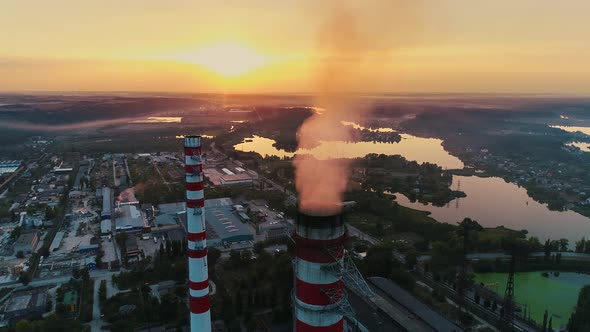 Aerial Drone Footage. Coal Fire Power Station at Sunset.