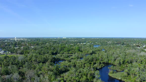 Lowering Aerial of a River Flowing Through Forest and Towards a Suburban Town