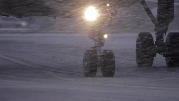 Plane wheels on runaway in heavy snowfall