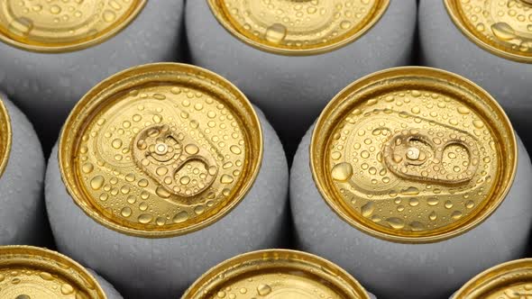 cold aluminum cans close up. Many cans of beer or other drinks. Sliding shot. 4K UHD video