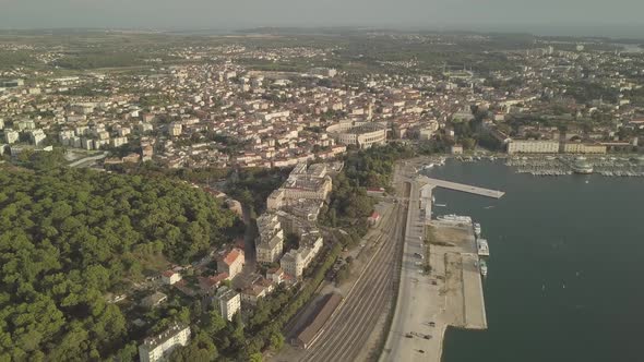 Pula, Croatia. Aerial Footage On Sunset #2. Flat Color