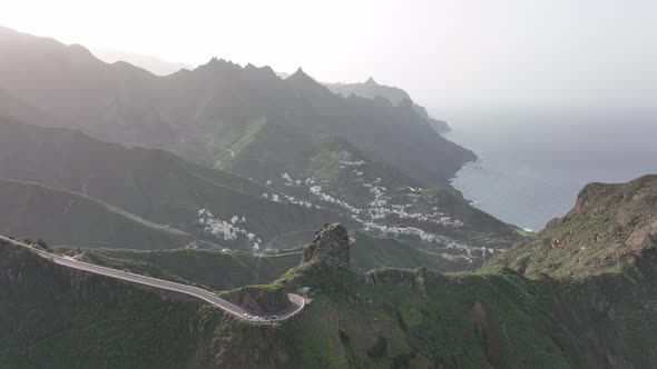 Aerial Drone View of a Wild Touristic Twisty Road in the Green Lush Mountains Along the Atlantic