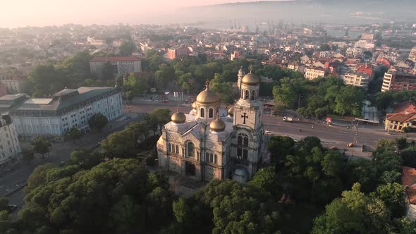 Aerial view of the Cathedral of the Assumption on sunrise, Varna Bulgaria.