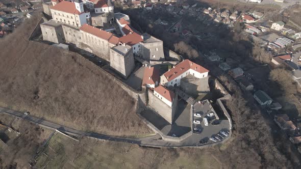 Aerial View From a Drone to Palanok Castle in Mukachevo