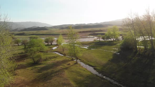 Drone Shot of River and Mountains in Kazakhstan