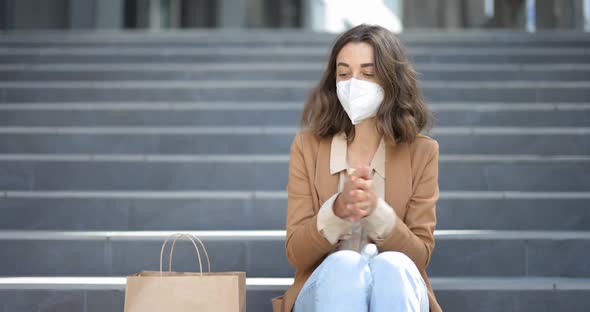 Office Worker in Face Mask Eating Takeaway Food Outdoors