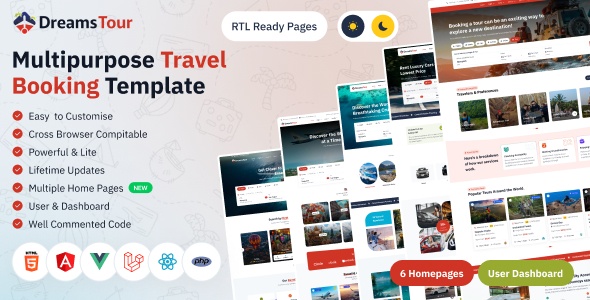 DreamsTour - Html, React, Angular, Vue, Laravel Tour & Travel Booking Bootstrap 5 Template