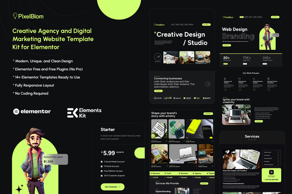 PixelBlom – Creative Agency and Digital Marketing Elementor Kit Template – 0 Sold!