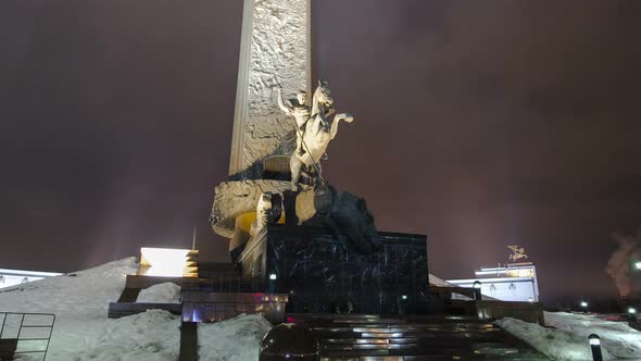 George the Victorious Monument in Victory Park Architectural Ensemble Obelisk at Evening Timelapse