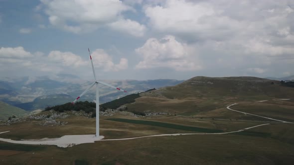 Aerial view of windmills farm. Power Energy Production in Montenegro.  Landscape with wind turbines