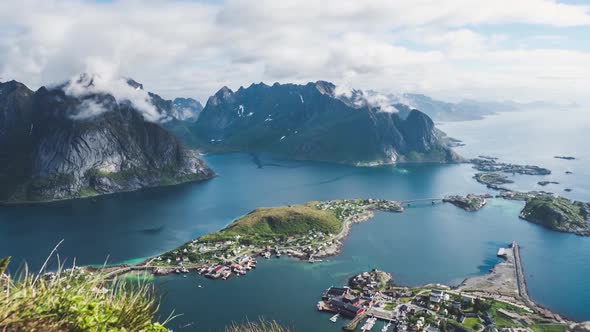 Timelapse over the fishing village called Reine, Lofoten in Norway.