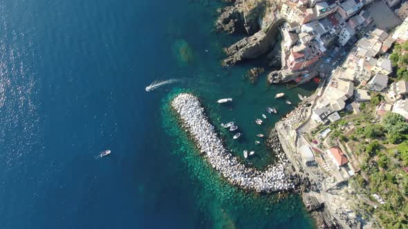 Aerial view of Riomaggiore village, part of Cinque Terre, Italy, Europe